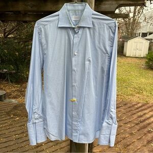 Ermenegildo Zegna Blue Dress Shirt 16.5x35 42 Check Cotton French Cuffs
